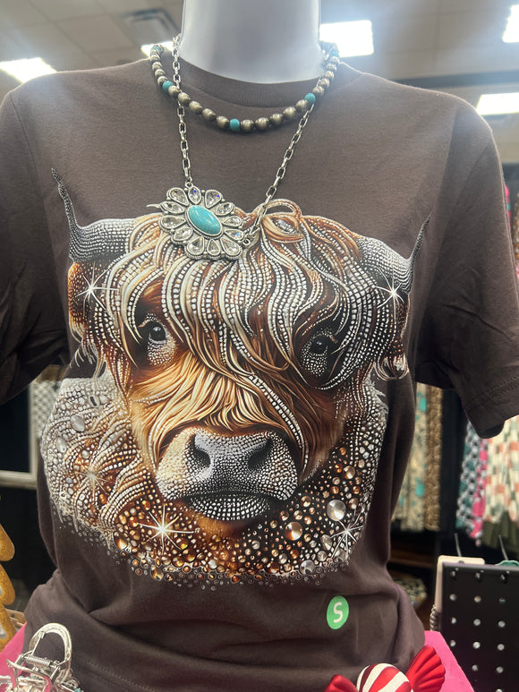 Highland Cow Bling Faux Tee