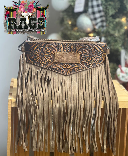 Wrangler Light Brown Vintage Floral Tooled Collection Fringe Crossbody –  RAGS Apparel & Custom Designs