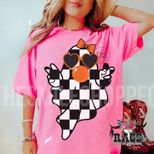 Checkered Ghost Comfort Color Pink Tee